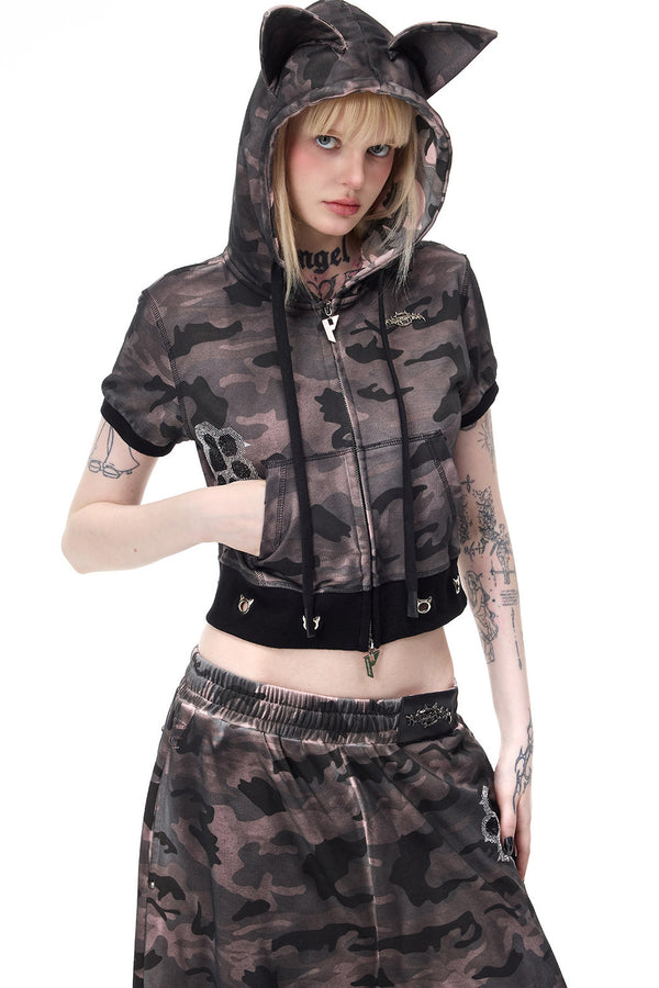 Cat Ear Rhinestone Hooded Cardigan