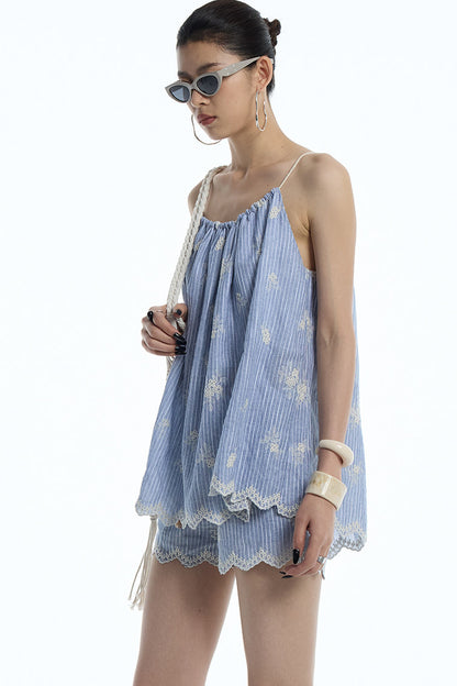 Gray-Blue Jacquard Halter Camisole and Shorts Set-Up