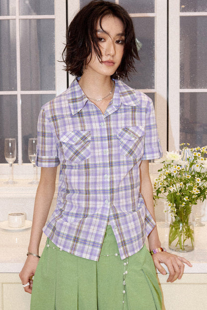 Color-Block Pocket Plaid Blouse