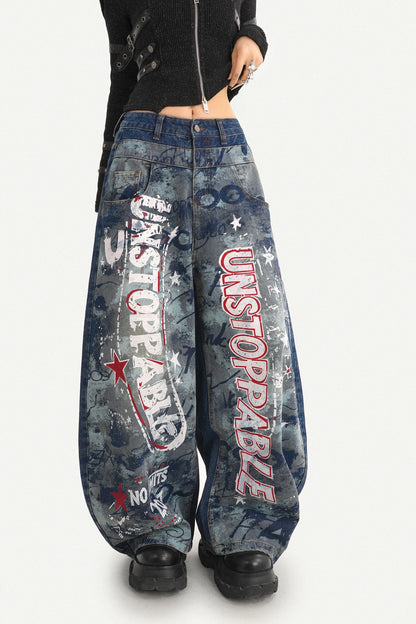 Graffiti Print Wide-Leg Jeans