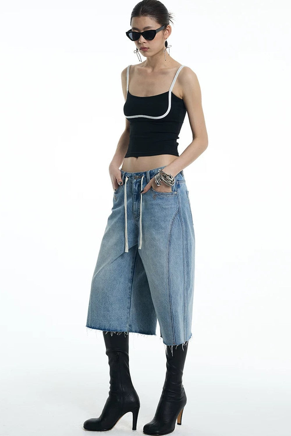 Embroidered Denim Mid-Length Pants