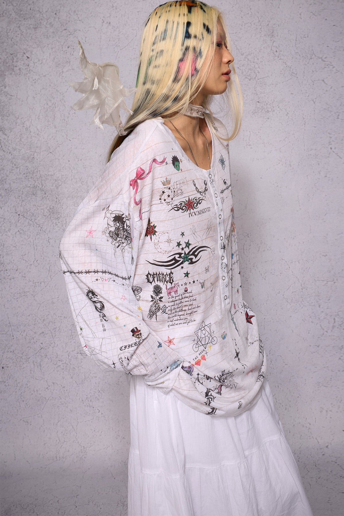 Manuscript Print Long Sleeve Open Front Shirt