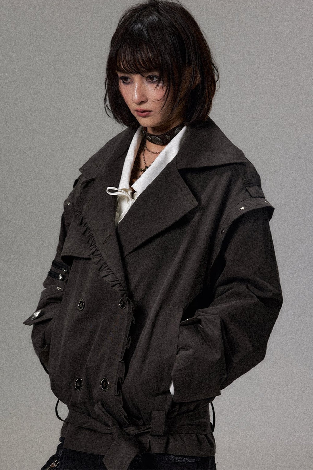Punk Double-Breasted Lace Trim Trench Coat