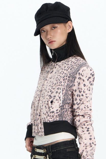 Pink Leopard Ribbed Cropped Jacket