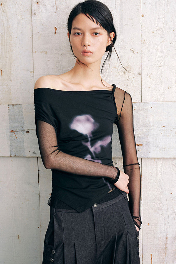 Asymmetric Off-Shoulder Rose Print Mesh Top