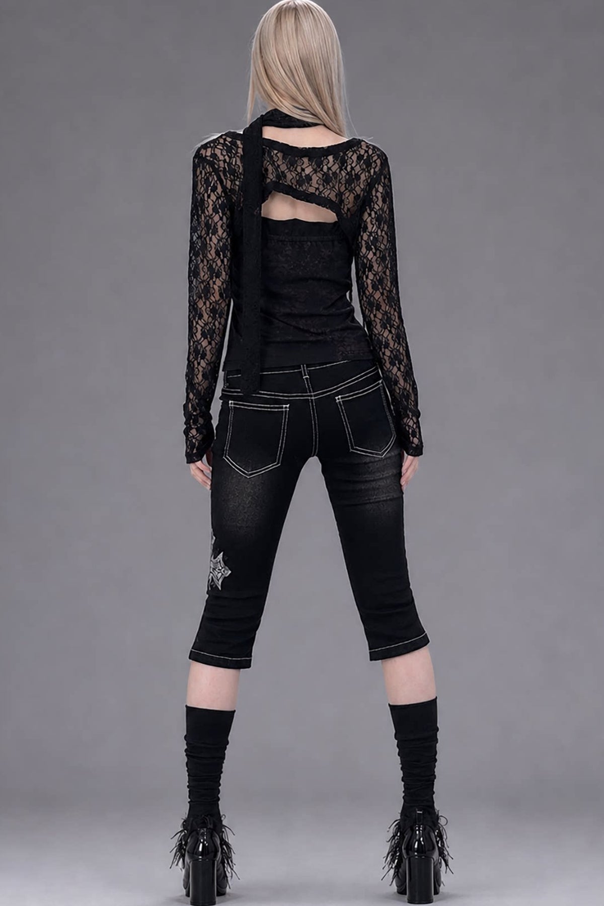Black Lace Long-Sleeved Top Set-Up