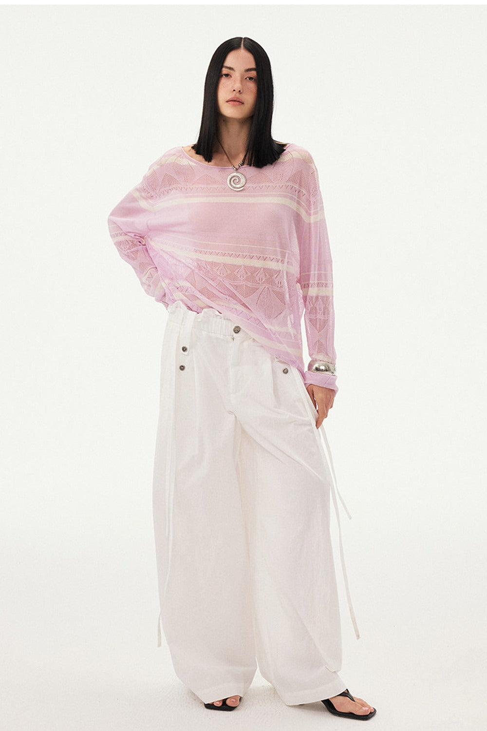 Pink Knit Hollow-Out Crochet-Style Pullover Top