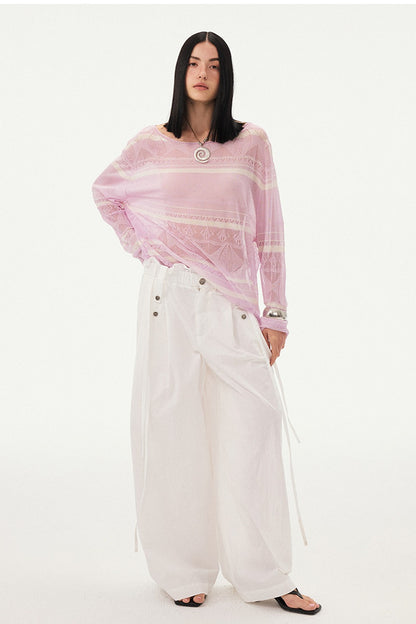 Pink Knit Hollow-Out Crochet-Style Pullover Top