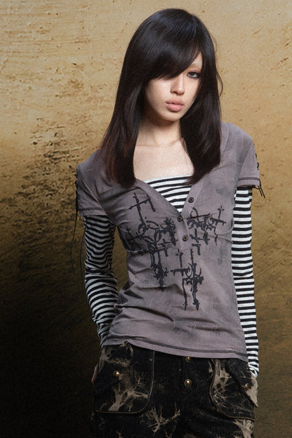 Cross Print Layered-Look V-Neck T-Shirt