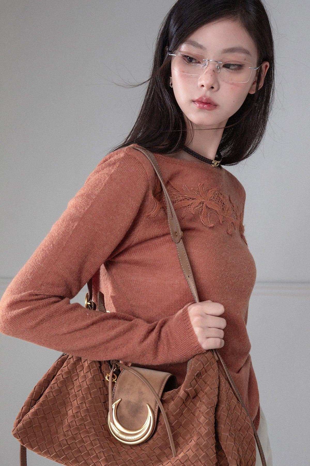 Pumpkin Orange Brown Lace Patchwork Knit Top