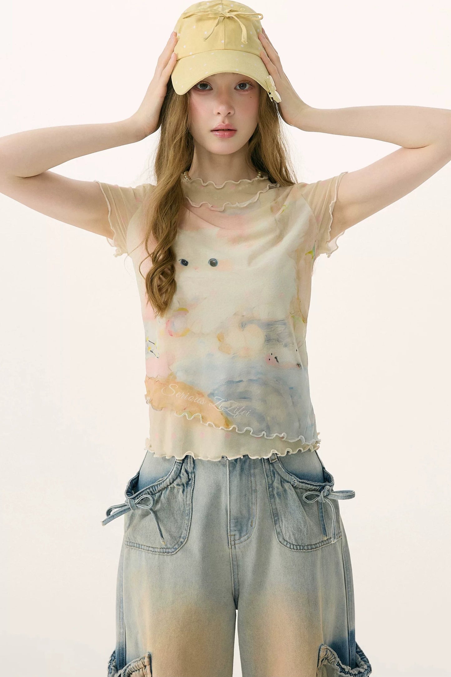 Cat Print Mesh Short Sleeve T-Shirt