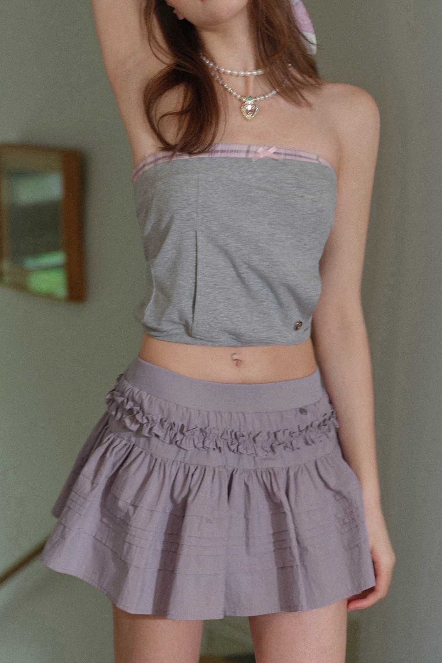 Gray Pink Plaid Bow Tube Top