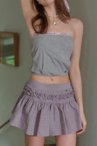 Gray Pink Plaid Bow Tube Top