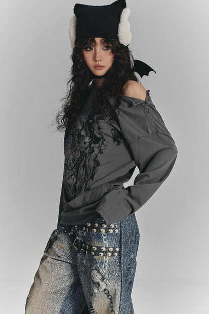 Style Printed Off-Shoulder Long-Sleeve T-shirt