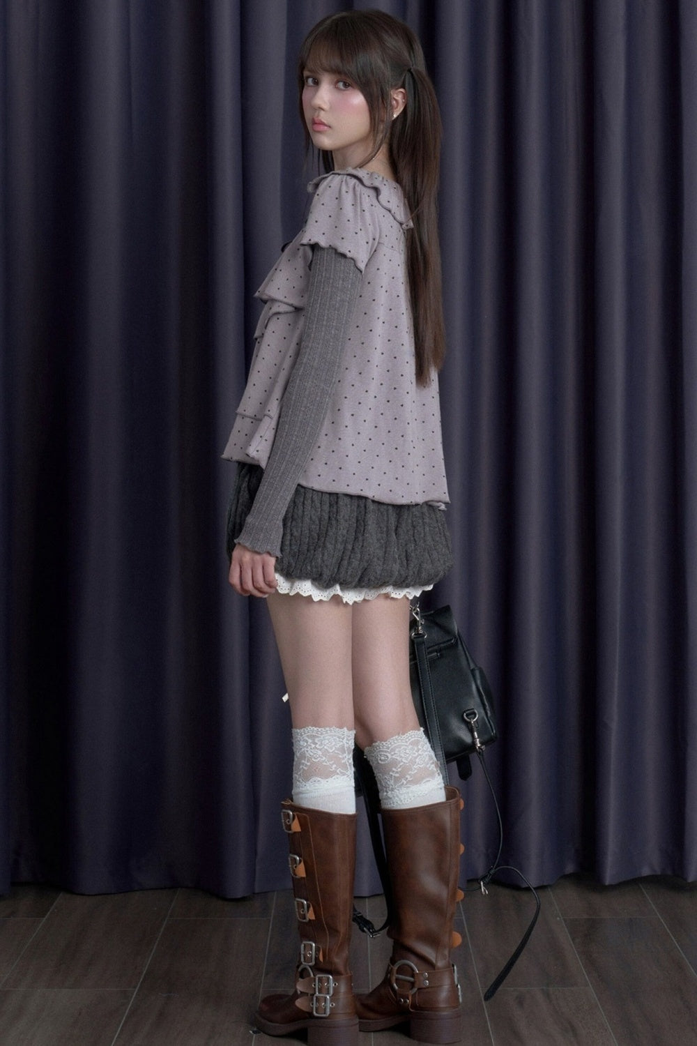Gray-Purple Cake-Style Ruffle Long-Sleeved Knit Top