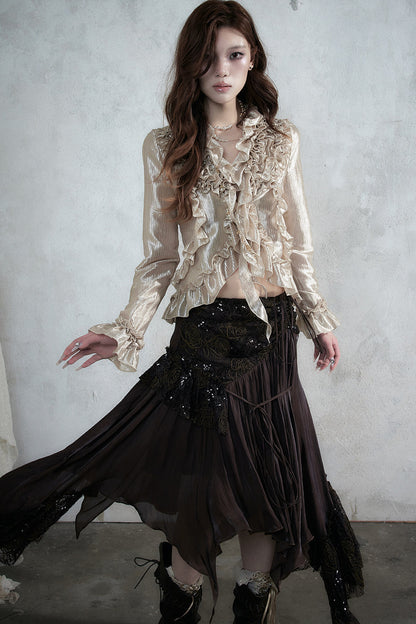 Ruffle Trim Tie Waist Long-Sleeved Blouse