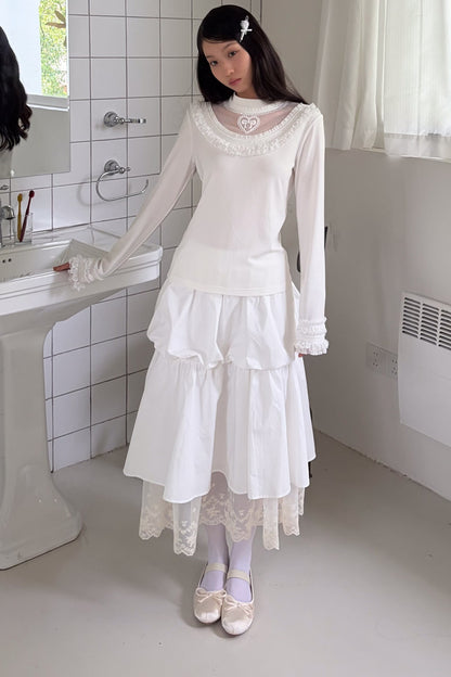 Embroidered Mesh Lace Collar T-Shirt