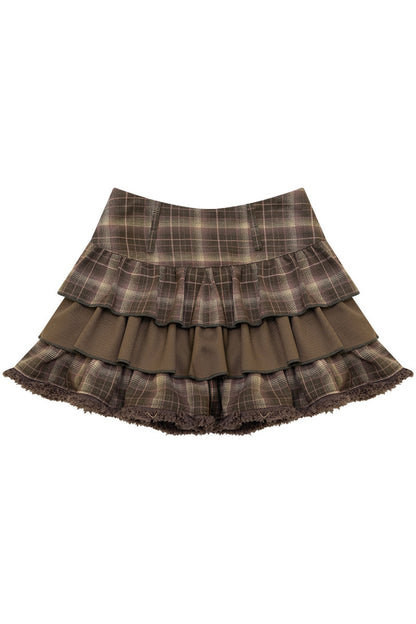Brown Plaid Ruffled Skirt