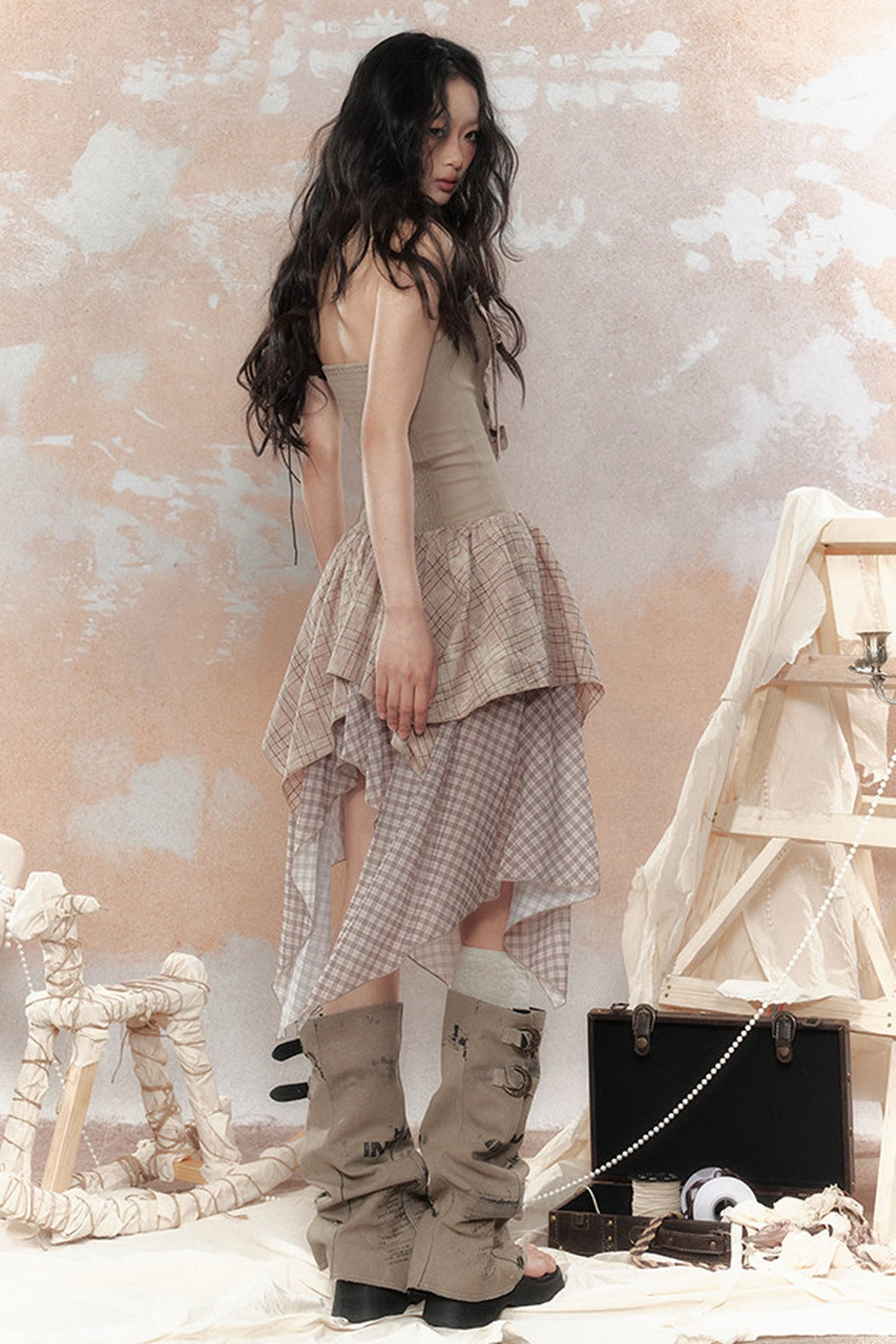Plaid Asymmetrical Halter Dress