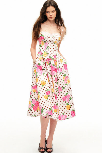 Polka Dot Rose Print Bra Dress Set-Up