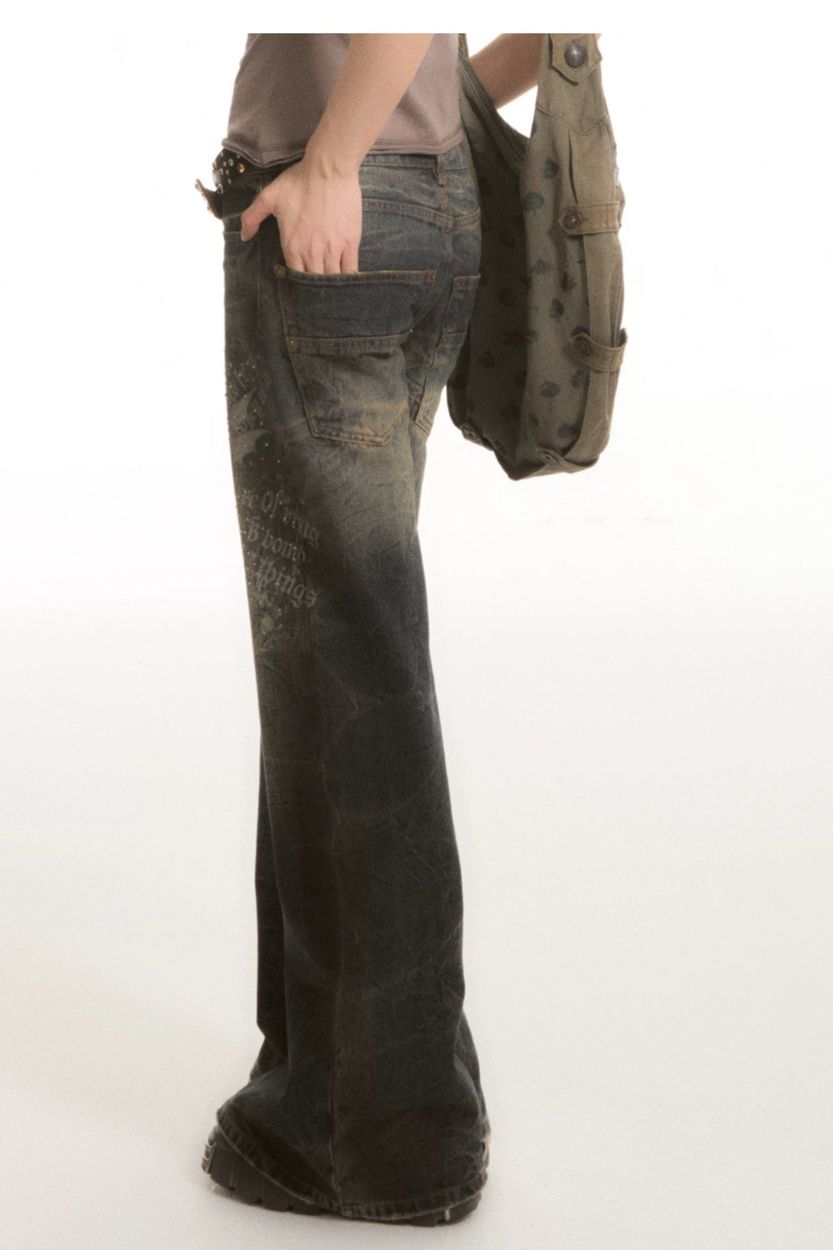 Washed Printed Rhinestone Low-Waist Flared Jeans