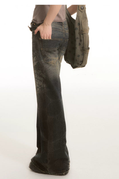 Washed Printed Rhinestone Low-Waist Flared Jeans