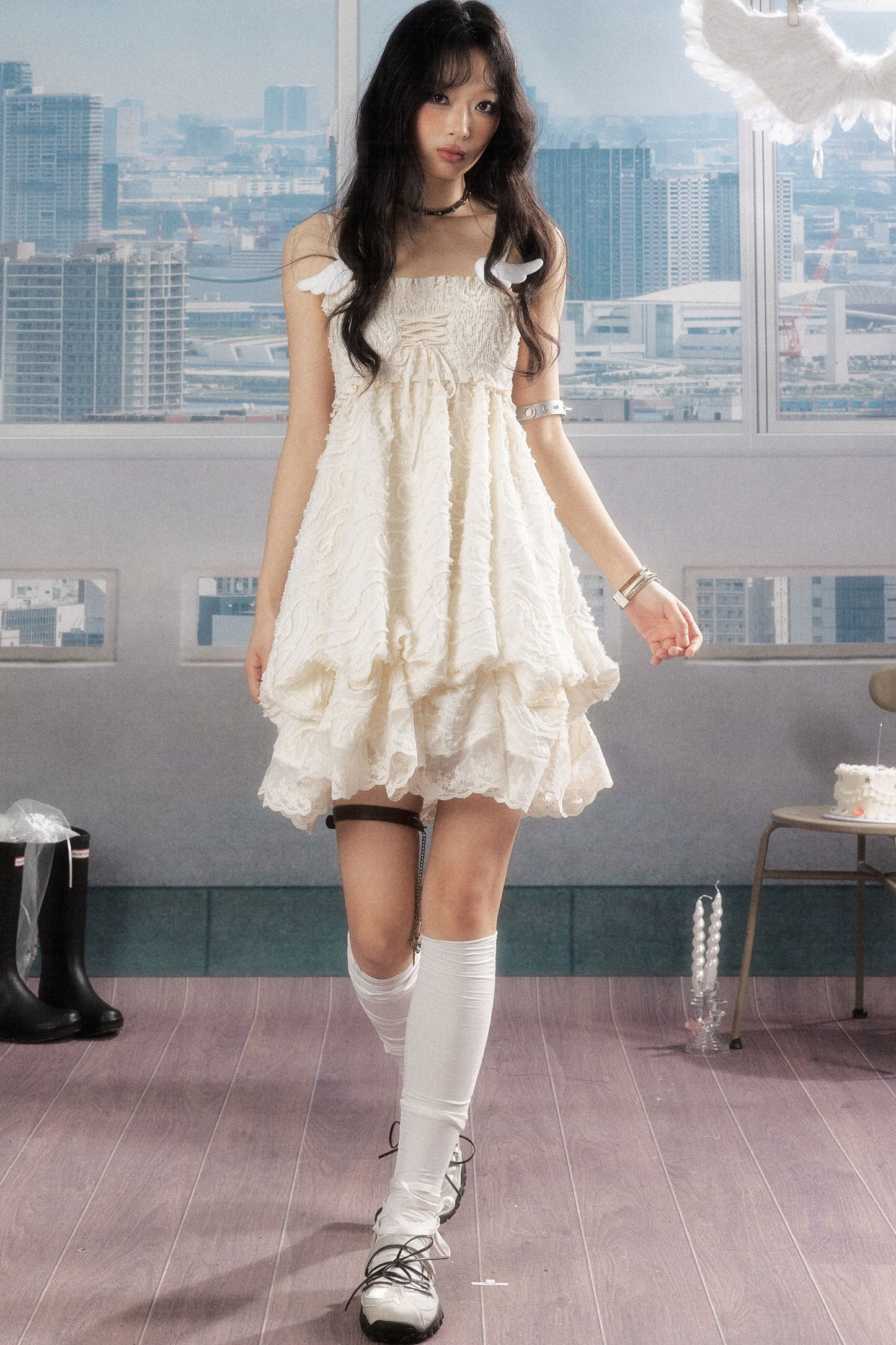 Pleated Lace Texture Camisole Dress