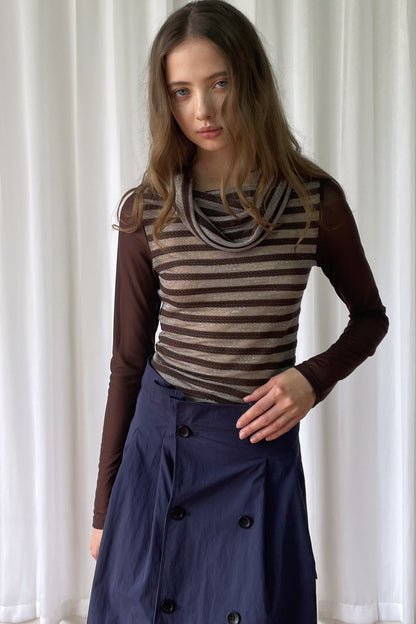Spliced Striped Cowl Neck Long-Sleeve Blouse