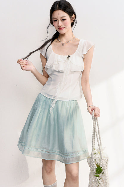Lace Flutter Sleeve Ribbon Blouse