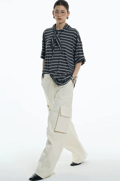 Oversize Gray White Striped Mid-Sleeve Tee