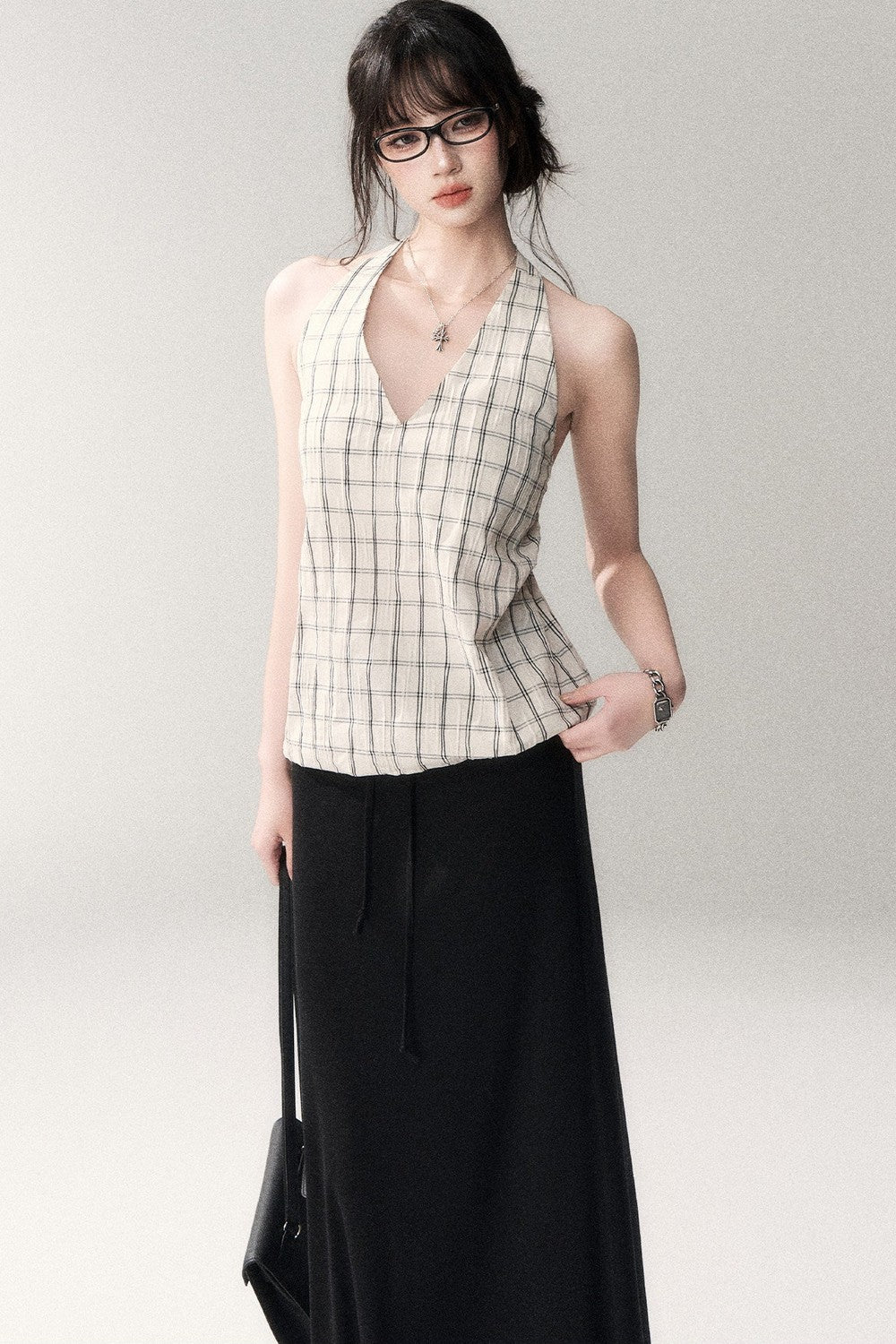 Textured Cotton Plaid Halter Camisole
