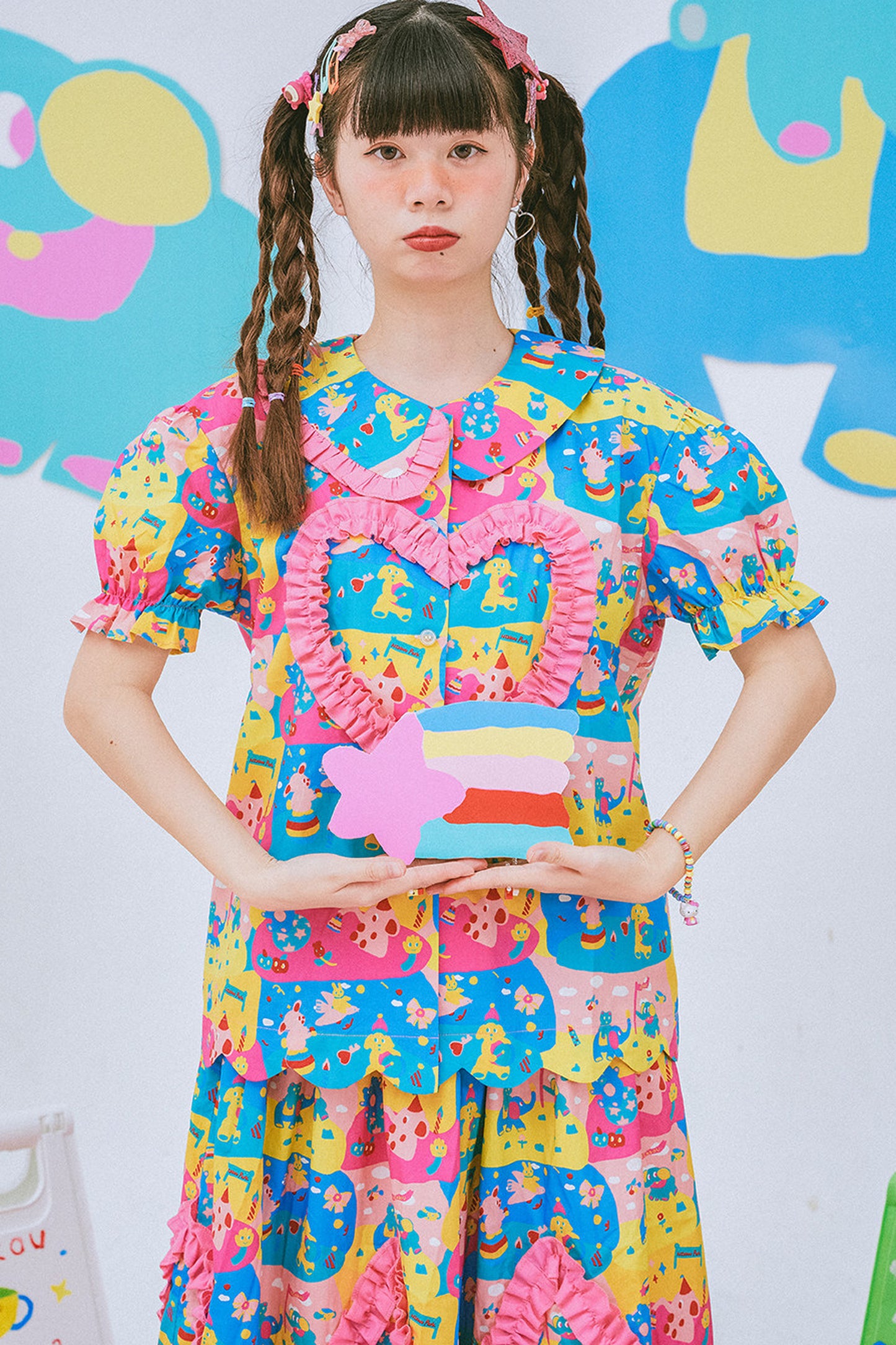 Kindergarten Paradise Print Puff Sleeve Shirt