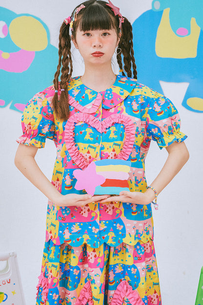 Kindergarten Paradise Print Puff Sleeve Shirt