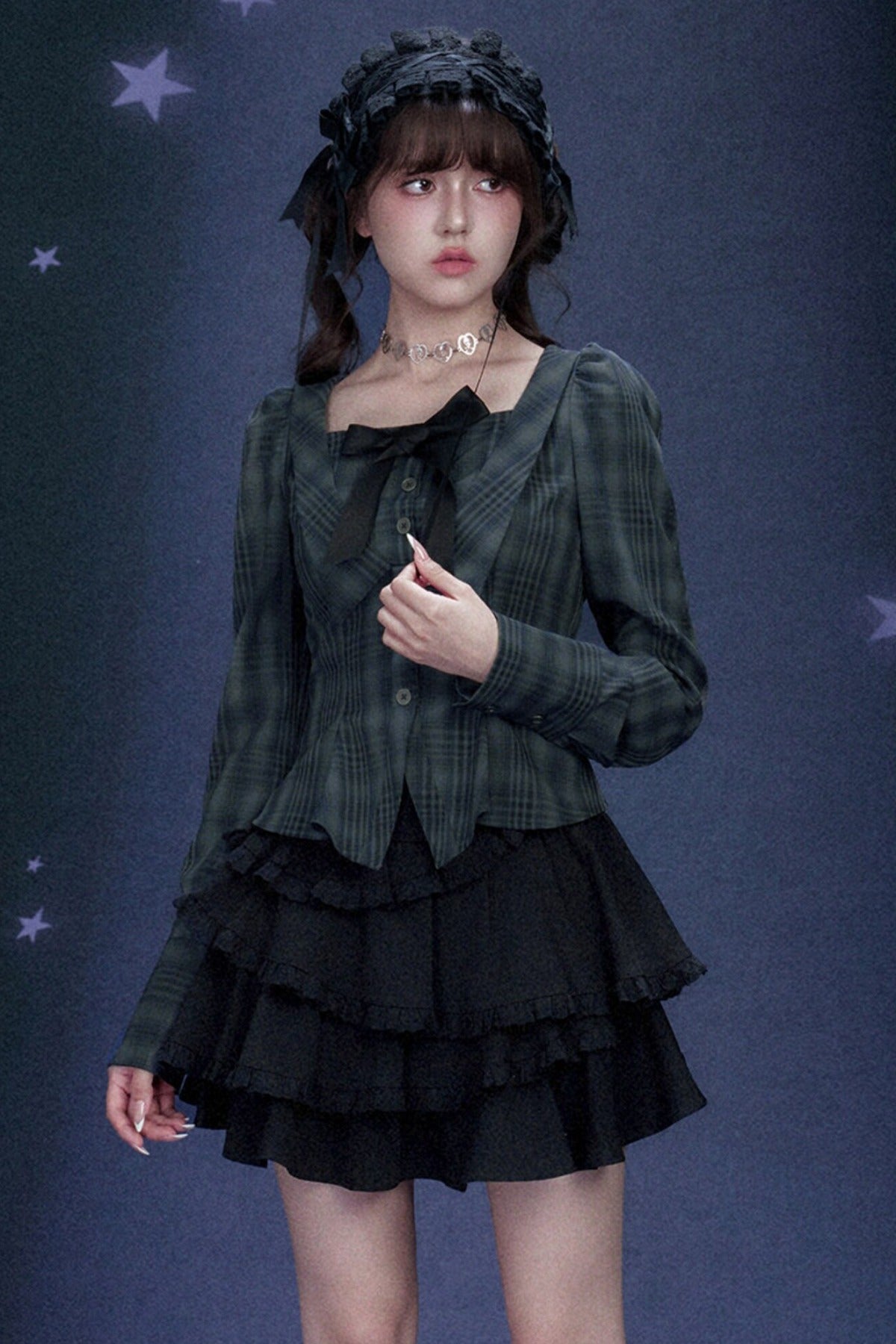Blue Black Plaid Square Neck Shirt