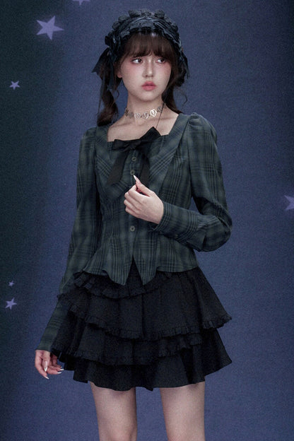 Blue Black Plaid Square Neck Shirt