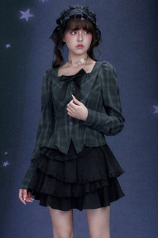 Blue Black Plaid Square Neck Shirt