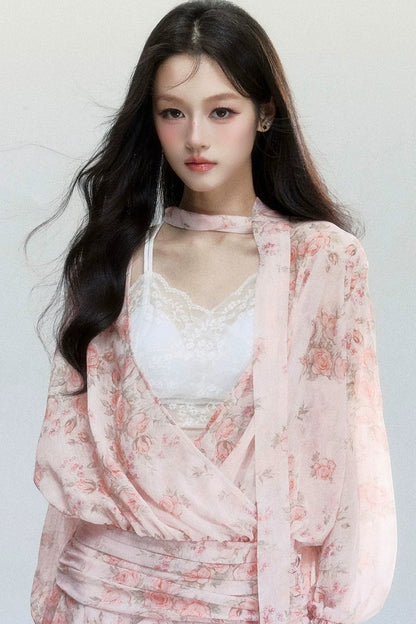 Completo Abito Floreale in Chiffon Rosa