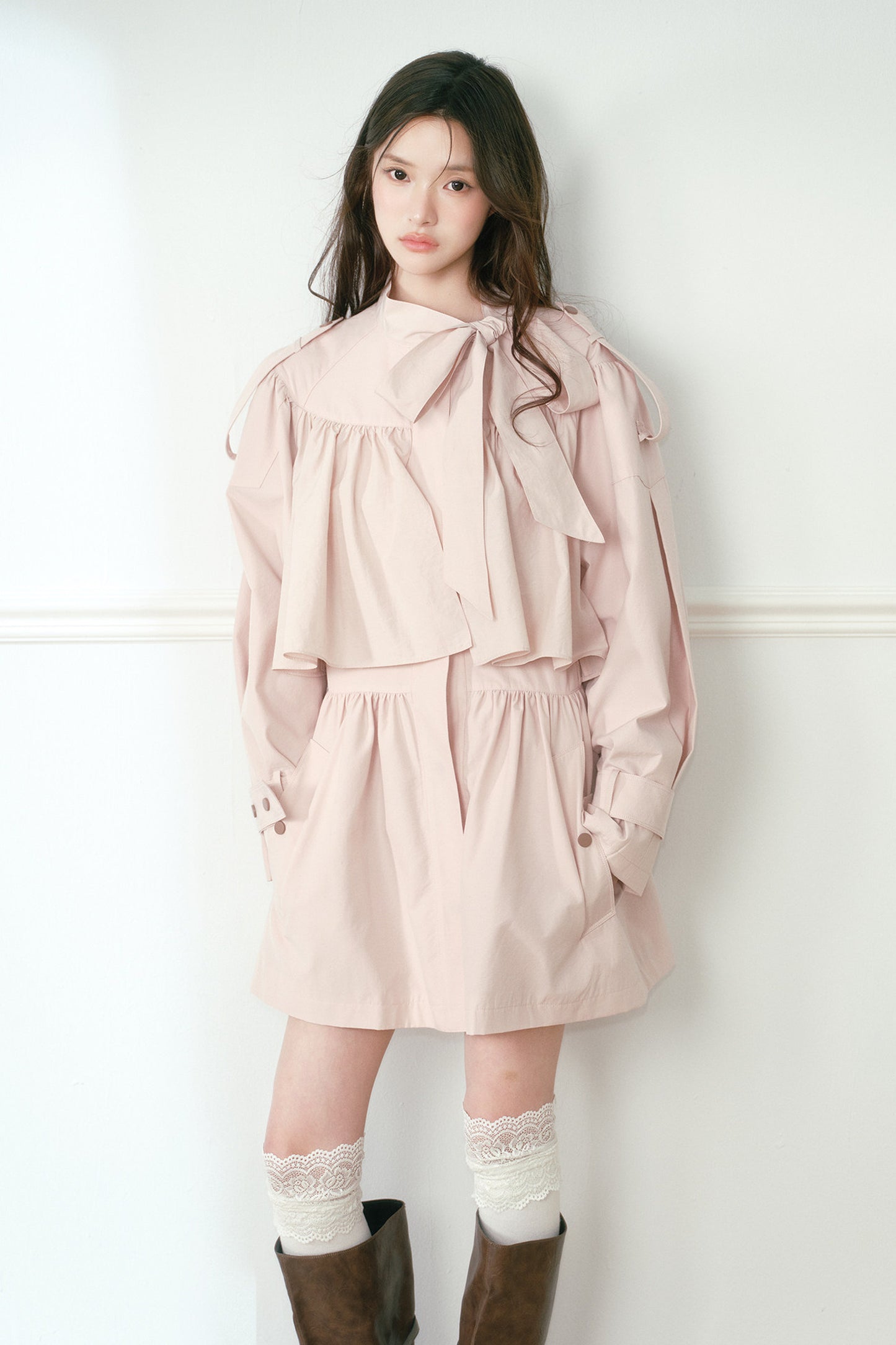 Smoky Pink Cape-Style Bow Trench Coat