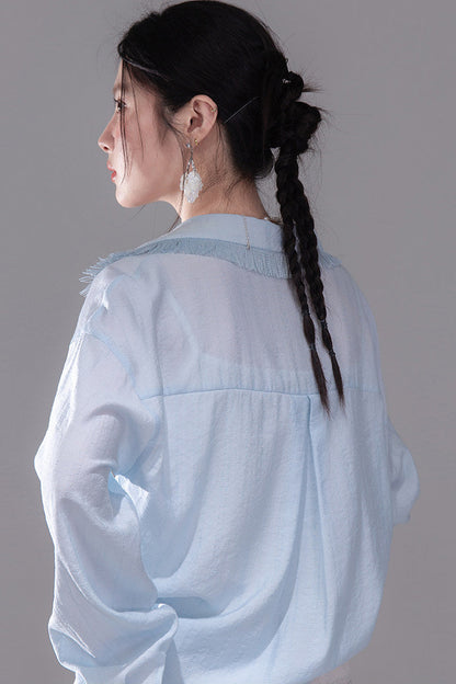 Star Mist Blue Tassel Lace Blouse