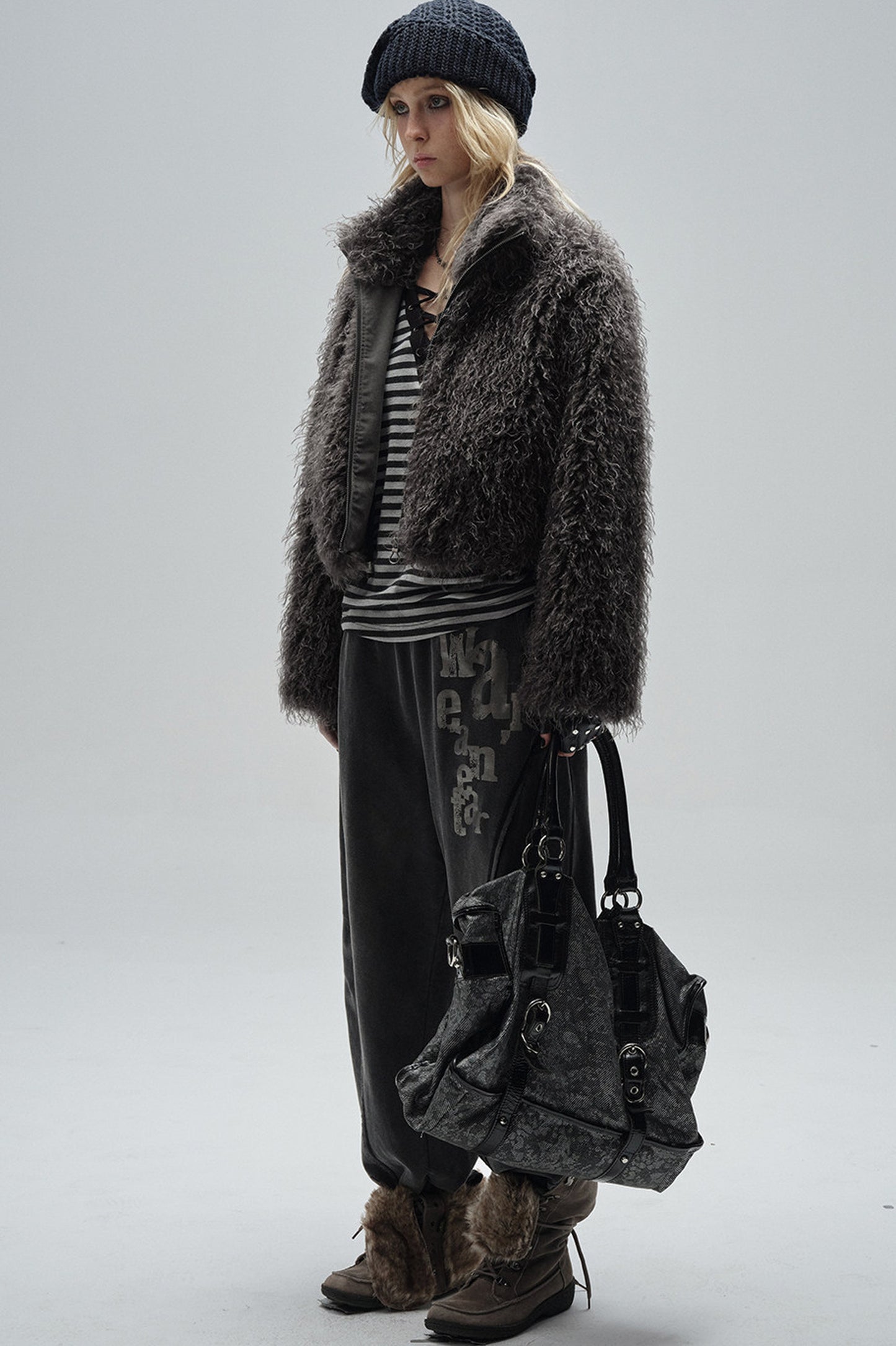 Dark Gray Faux Fur Zipper Jacket