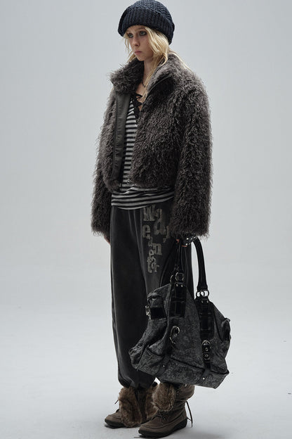 Dark Gray Faux Fur Zipper Jacket