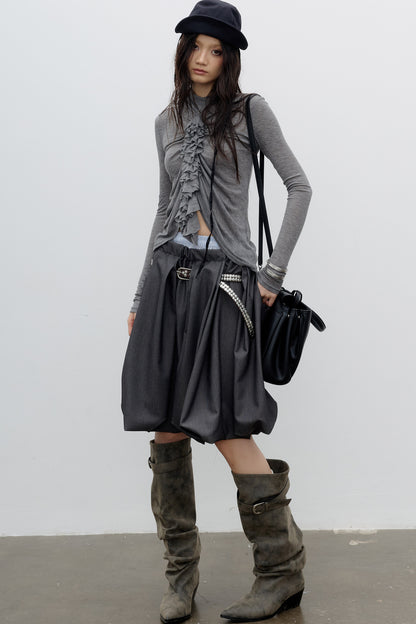Pleated Ruffle Tassel Lace Long-Sleeved T-Shirt