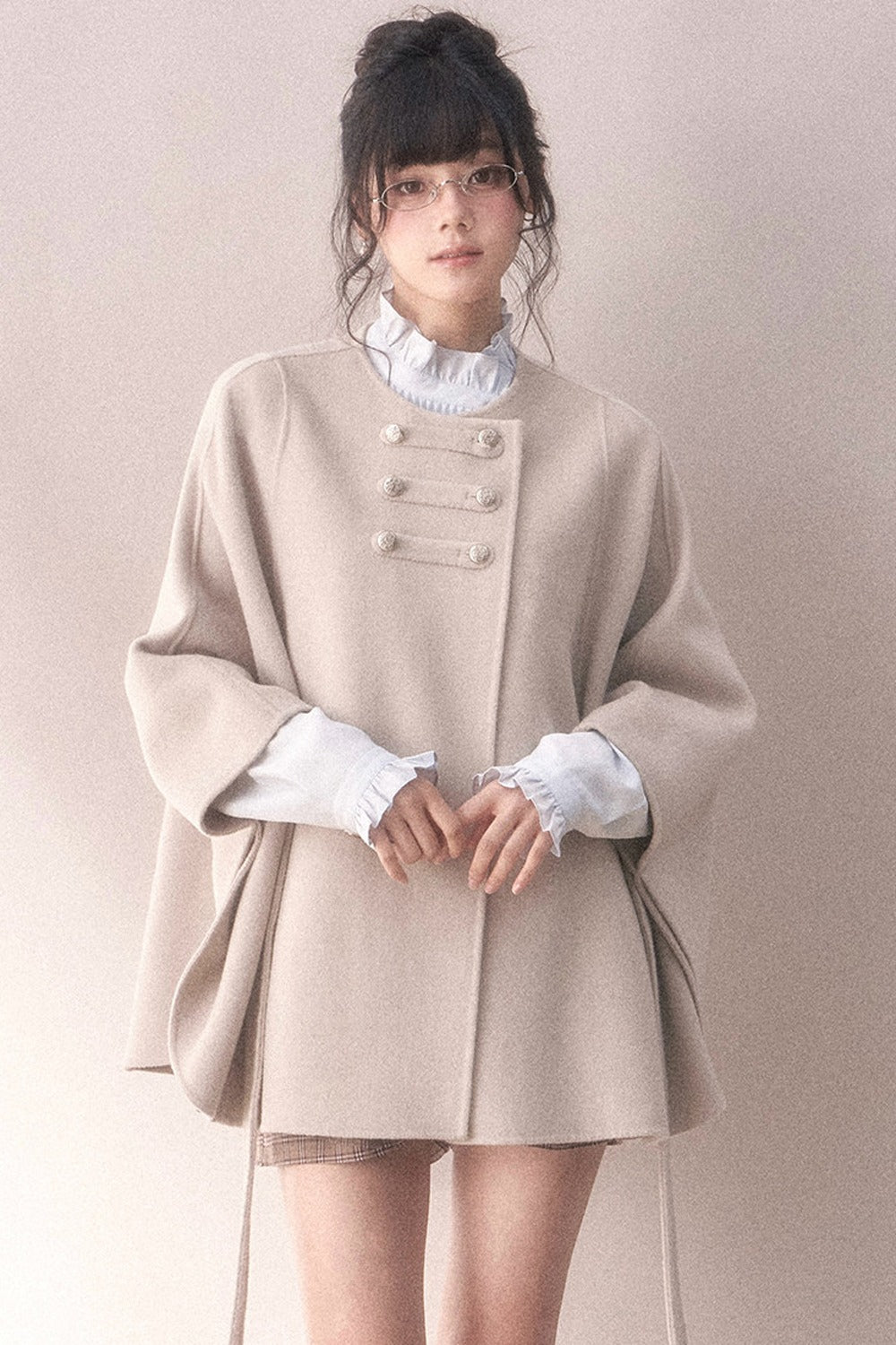 Double-Sided Wool Metal Button Cape Coat Set