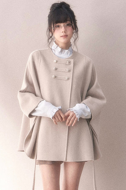 Double-Sided Wool Metal Button Cape Coat Set