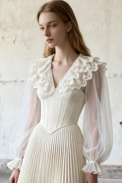 V-Neck Fishbone Pleated Dress
