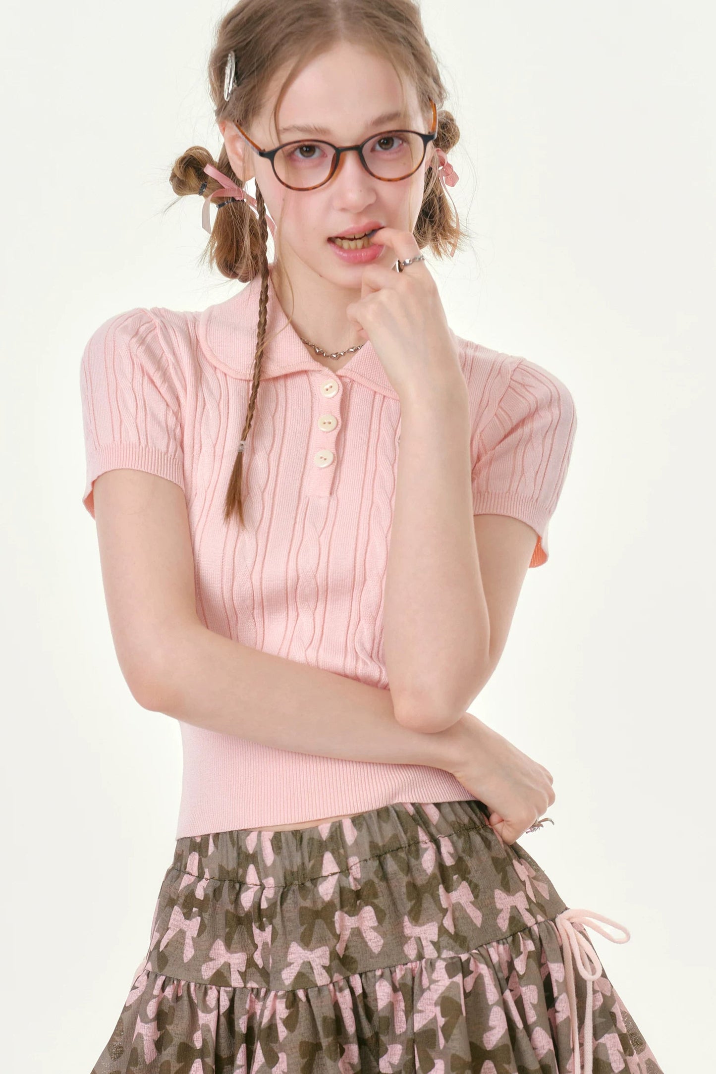 Pink Knitted Short-Sleeve T-Shirt