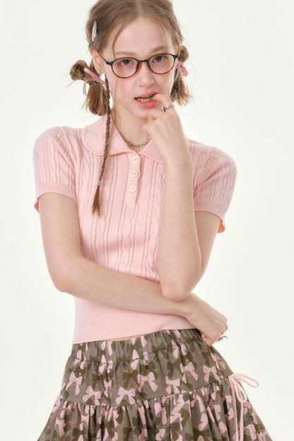 Pink Knitted Short-Sleeve T-Shirt