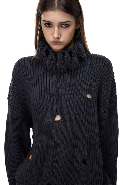 Tassel Turtleneck Ripped Oversized Sweater
