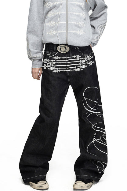 Rope Embroidery Flared Jeans