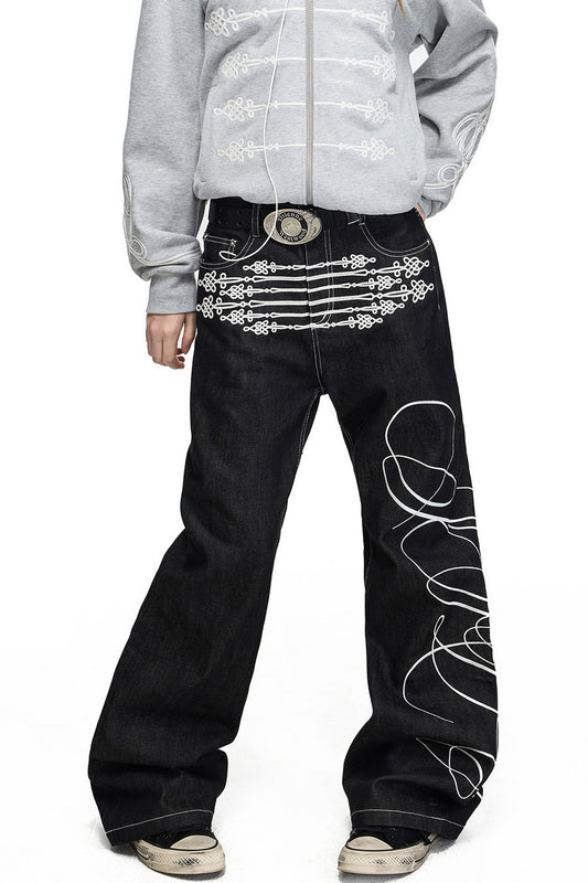 Rope Embroidery Flared Jeans